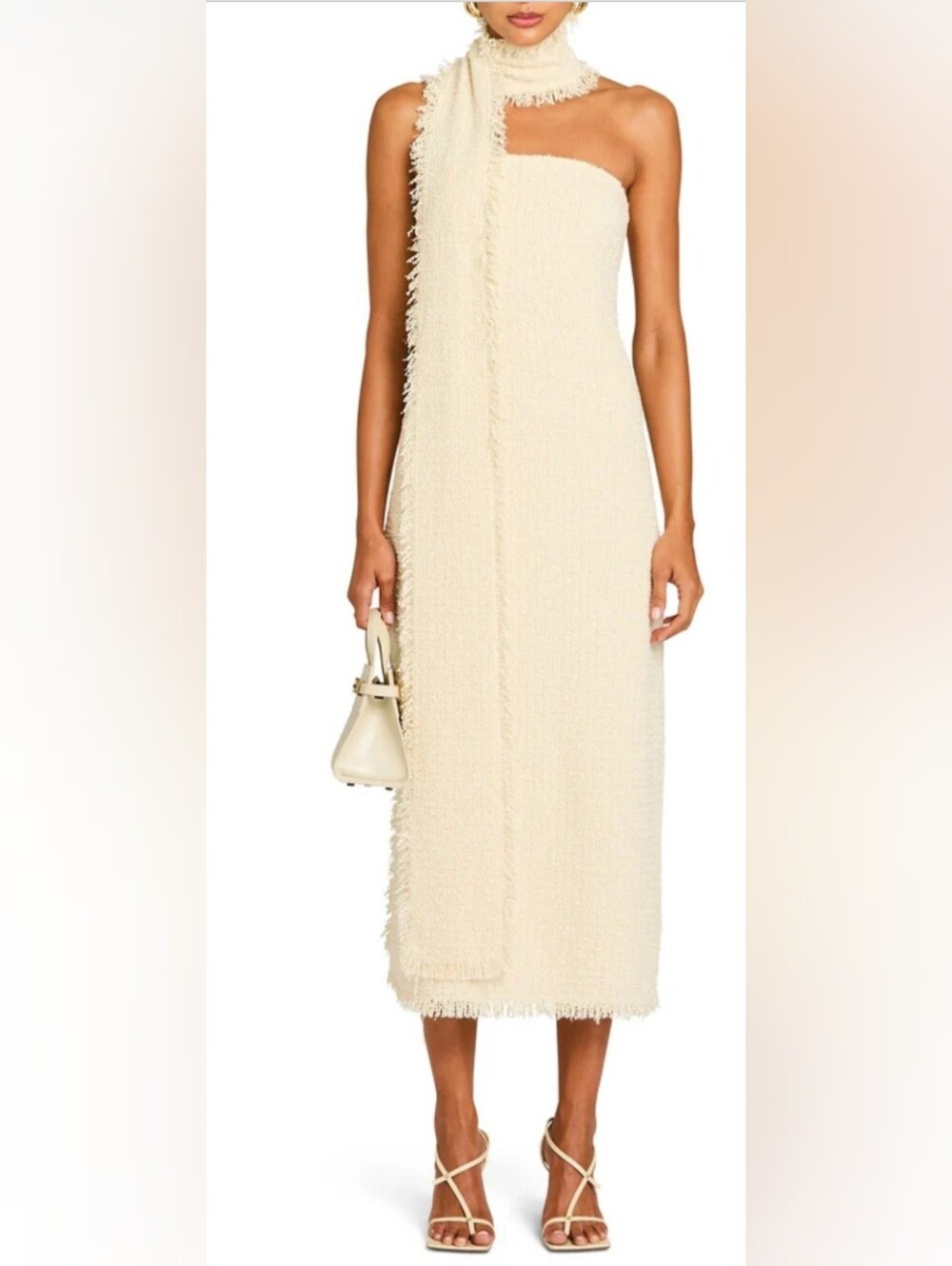 Strapless Fringe Midi Dress in Cream with Scarf